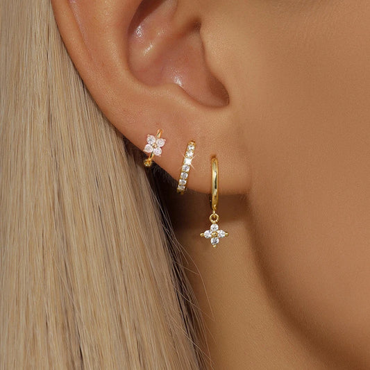 3PCS Stainless Steel Flower Drop Earrings Set with Crystal Zirconia