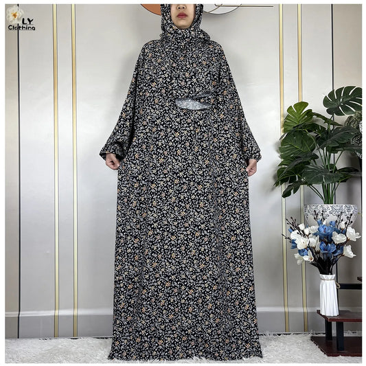 2024 Floral Cotton Double-Hat Abaya with Attached Turban