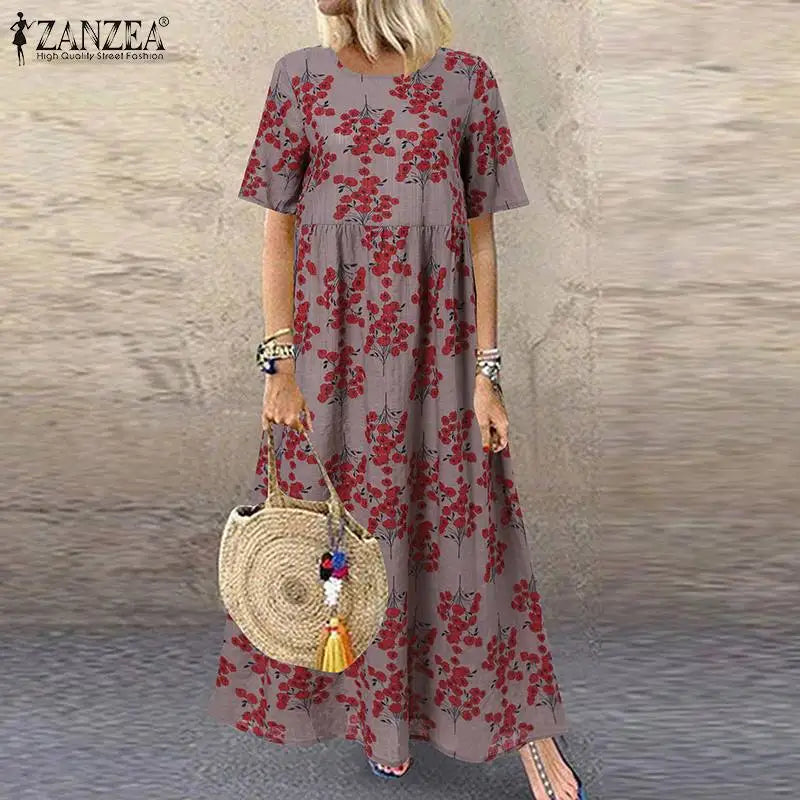 ZANZEA Bohemian Floral O‑Neck Short Sleeve Maxi Dress