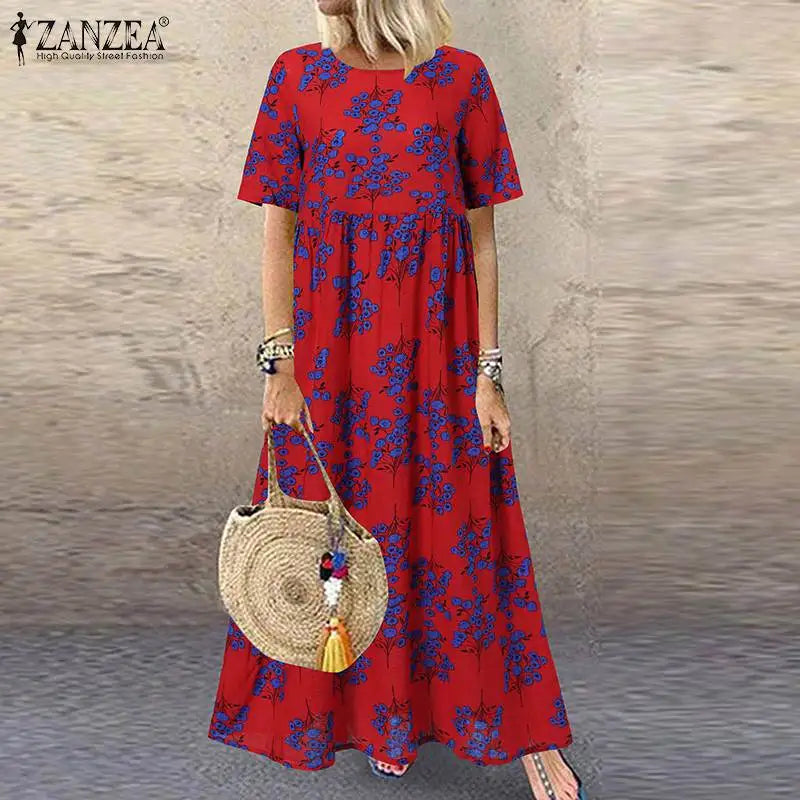 ZANZEA Bohemian Floral O‑Neck Short Sleeve Maxi Dress