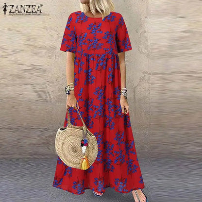 ZANZEA Bohemian Floral O‑Neck Short Sleeve Maxi Dress