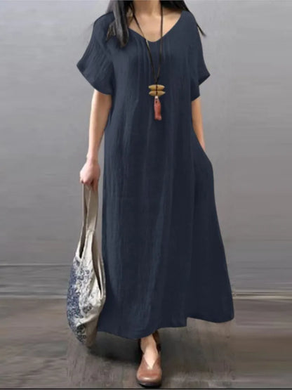 V‑Neck Cotton-Linen A‑Line Pocket Dress (Spring/Summer)