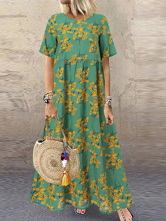 ZANZEA Bohemian Floral O‑Neck Short Sleeve Maxi Dress