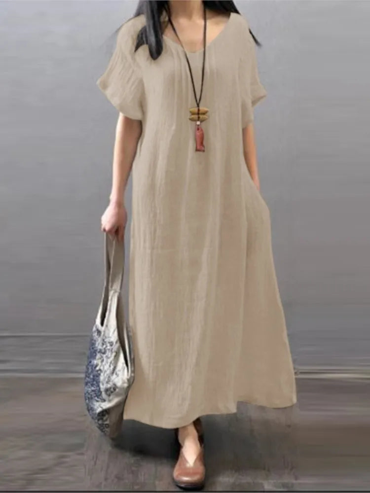 V‑Neck Cotton-Linen A‑Line Pocket Dress (Spring/Summer)