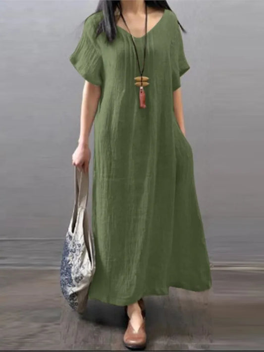 V‑Neck Cotton-Linen A‑Line Pocket Dress (Spring/Summer)