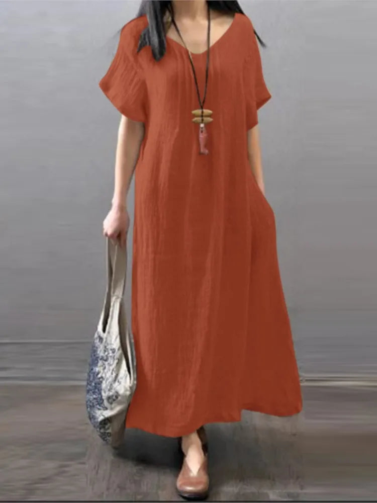 V‑Neck Cotton-Linen A‑Line Pocket Dress (Spring/Summer)