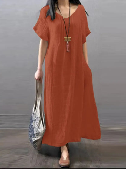 V‑Neck Cotton-Linen A‑Line Pocket Dress (Spring/Summer)